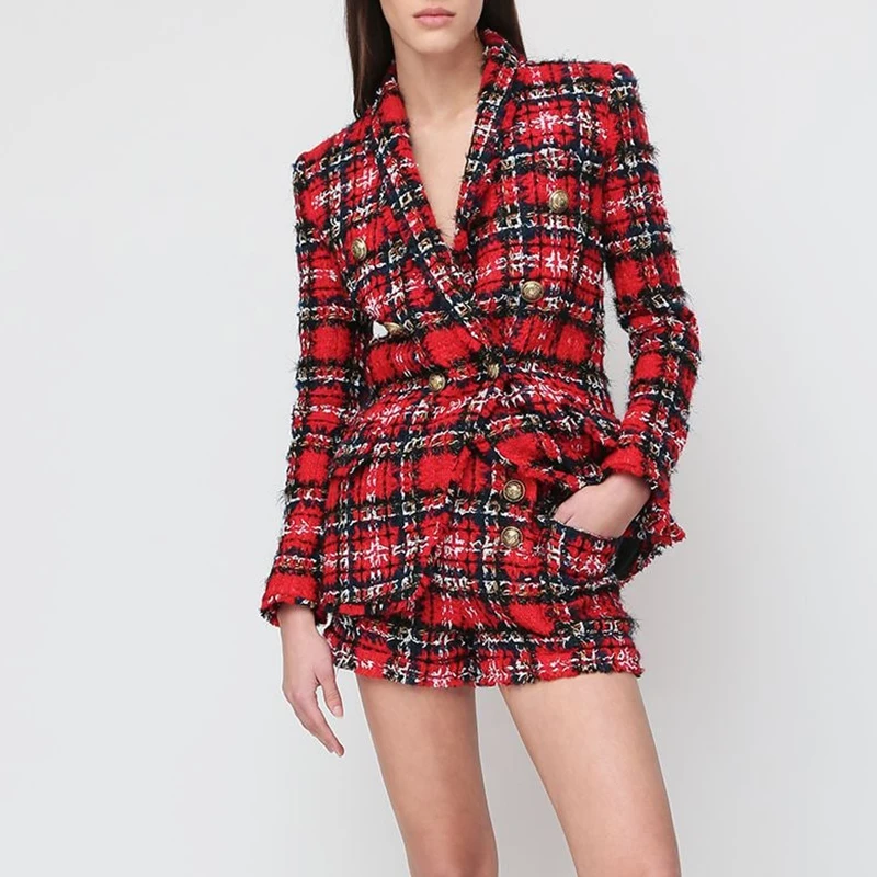 

Women's Double Breasted Buttons Shawl Collar Tassel Fringed Plaid Tweed Blazer