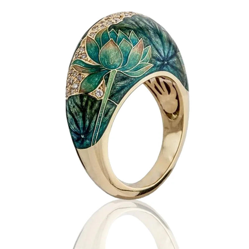 

Milangirl Exquisite Floral Lotus Enamel Two-tone en Rings for Women Romantic Zircon Bridal Wedding Engagement Ring