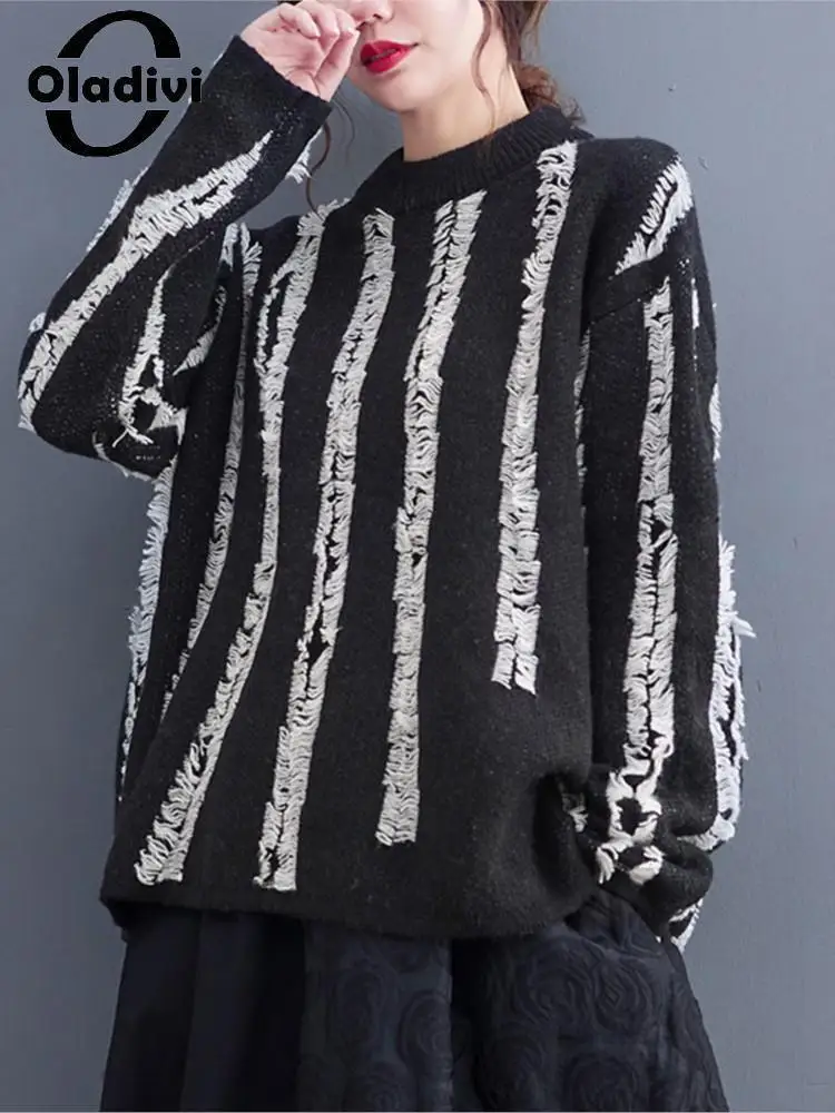 

Oladivi Large Size Women Striped Sweaters 2022 Autumn Winter New Casual Loose Pullovers Vintage Ladies Knitwear Tops 6817 L-4XL