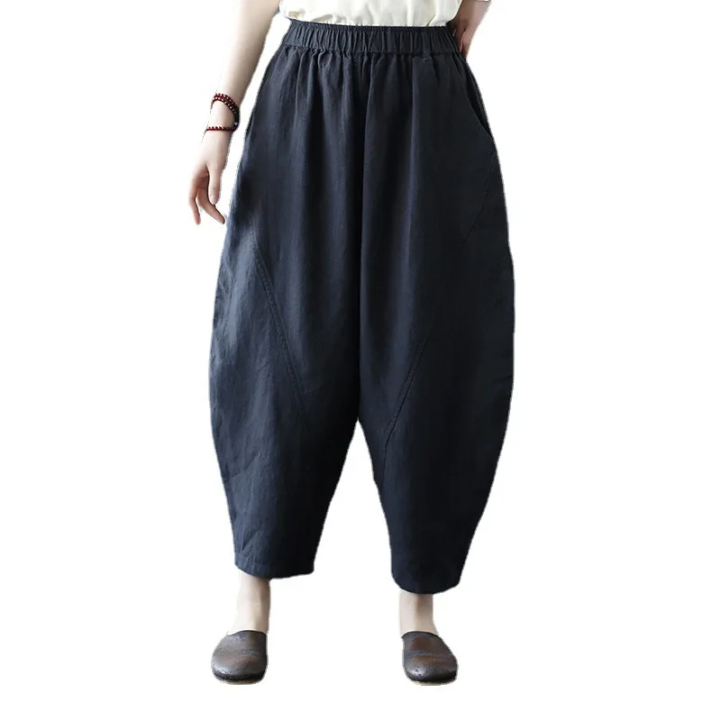 Shanghai Story Women's Linen Wide Leg Solid Vintage Ninth Pants Yoga Washed Cotton Ankle Trousers Black