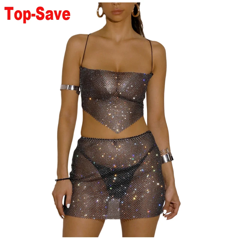 

Новинка осени 2023, комплект из 2 предметов, женская одежда, праздничная одежда Y2K, комплект из 2 предметов, стразы юбка в сеточку, женский комплект из двух предметов