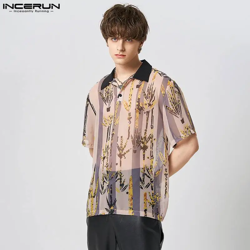 

Красивые хорошо облегающие Топы INCERUN, мужская стильная блузка в полоску с бамбуковым рисунком, свободные рубашки с коротким рукавом