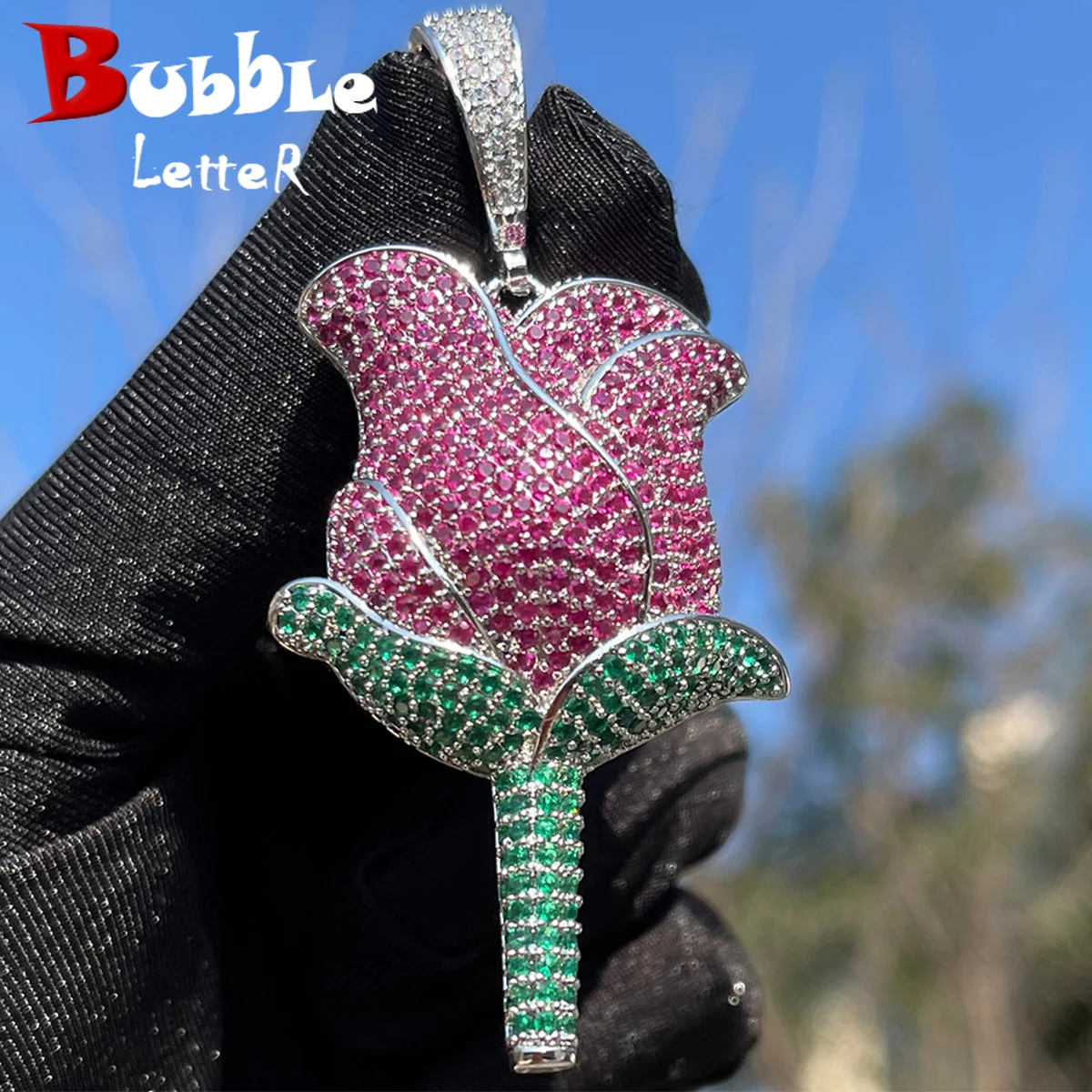

Bubble Letter Rose Flower Pendant for Women Iced Out Necklace Prong Setting Cubic Zirconia Hip Hop Jewelry 2023 Trends