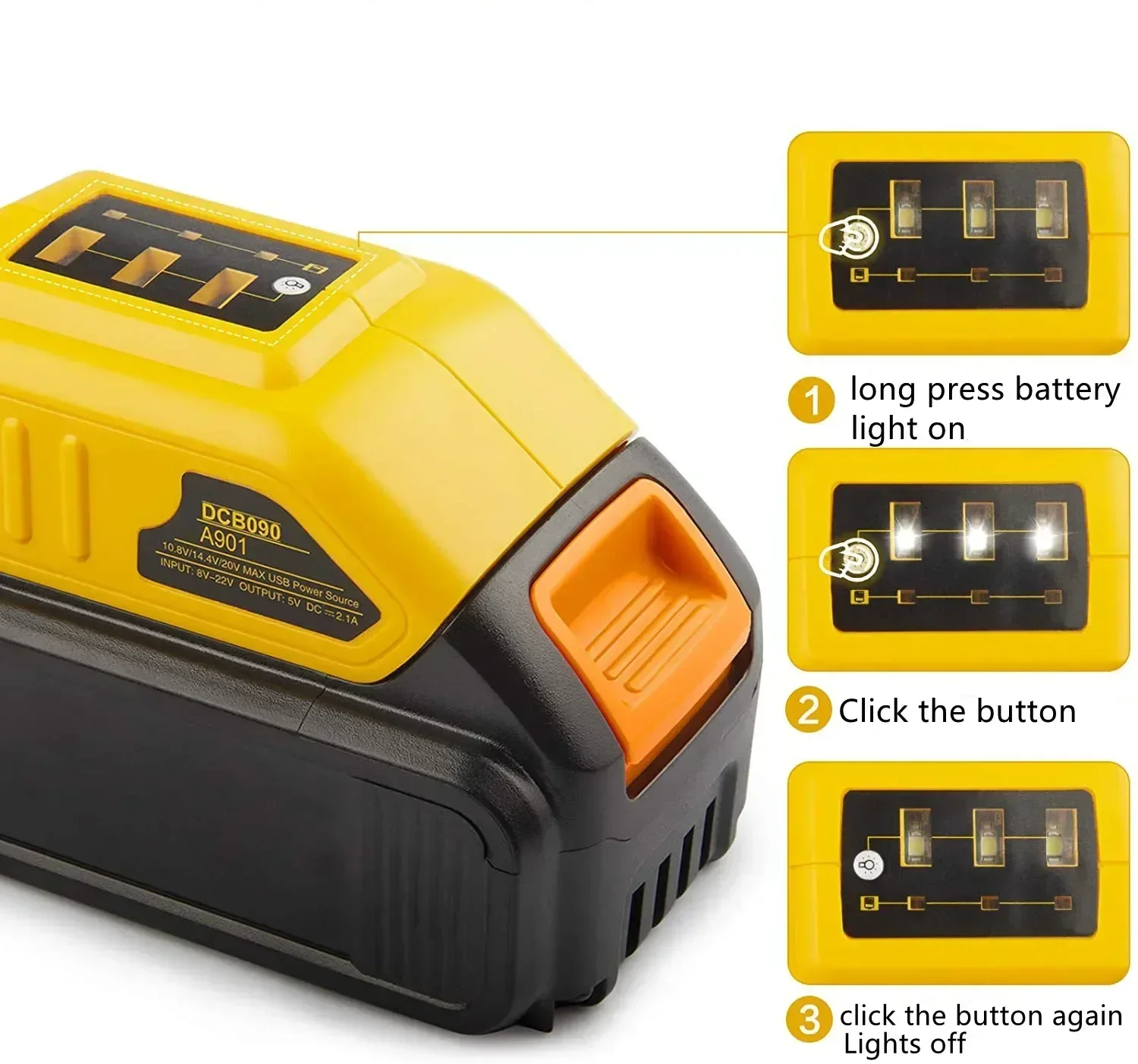 Фото Адаптер DCB090 для Dewalt 14,4 В 18 В 20 В, преобразователь литий-ионной батареи, адаптер для зарядки, источник питания, двойной USB-конвертер для Dewalt №4