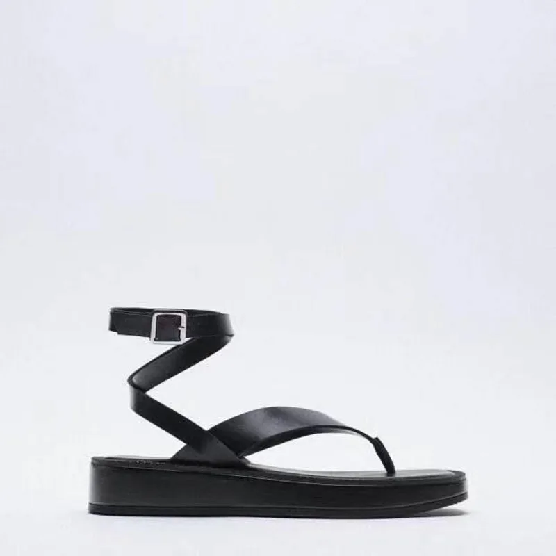 

Summer Women Shoes Black Flat Leather Fashion Sandals Flip-flop ZA Lace-up Thick-soled Ankle Strap Sandals For Women