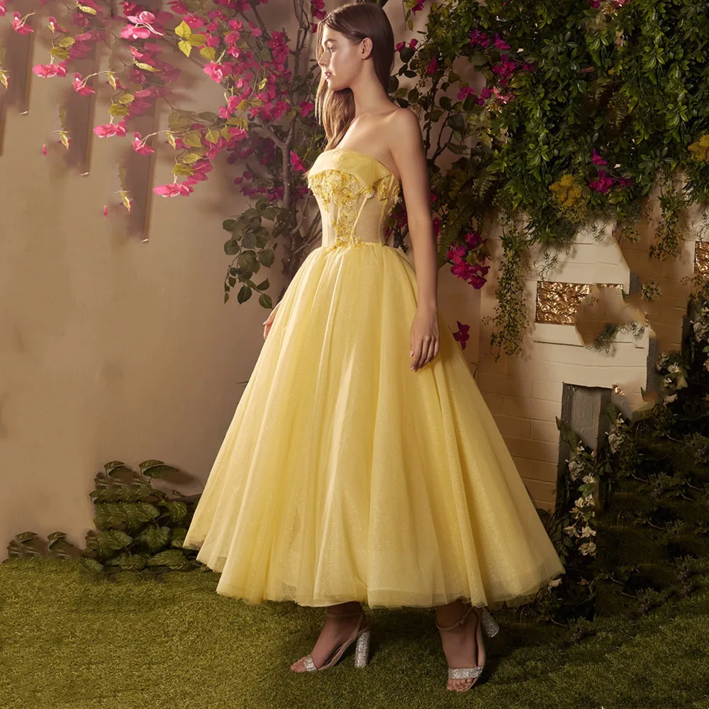 

Evening Dress Backless Lace Appliques Up Fashion Tulle Prom GownModern Strapless Sleeveless Ankle-Length A-Line Robe De Soirée