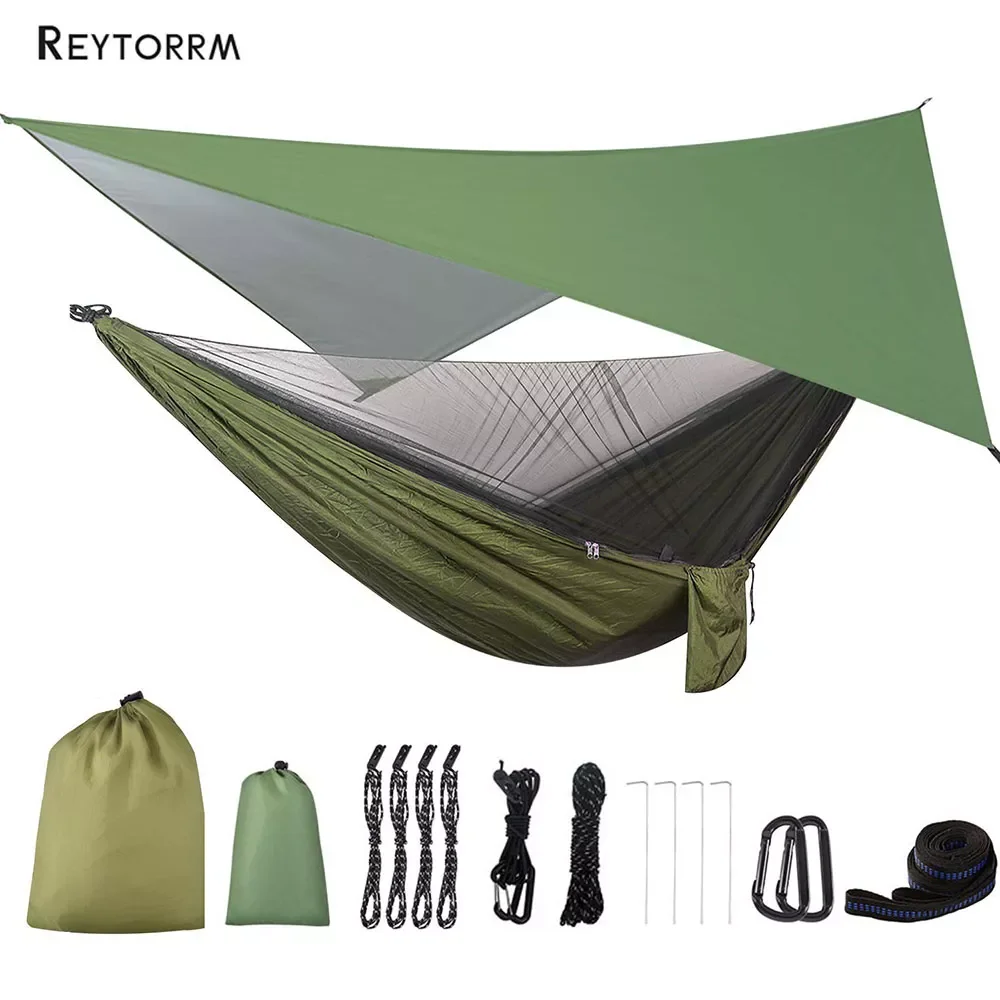 

Camping Hammock with Rain Fly Tarp and Mosquito Net Tent Tree Straps Portable Single Double Nylon Parachute Hammock for Travel