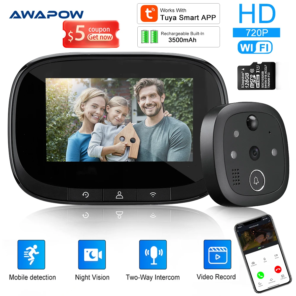 

Видеоглазок Awapow Tuya с Wi-Fi, дверной звонок для умного дома, беспроводная камера ночного видения с пассивным ИК датчиком движения, 4,3 дюйма, дверной звонок, мониторы для IOS и Android