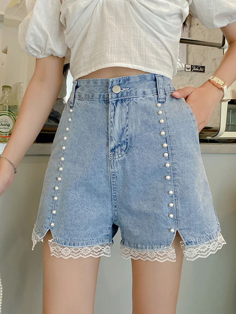 New Spring Summer Women High Waist Beading Lace Spliced Blue Denim Shorts Casual Female Wide Leg Jeans Shorts Bottoms