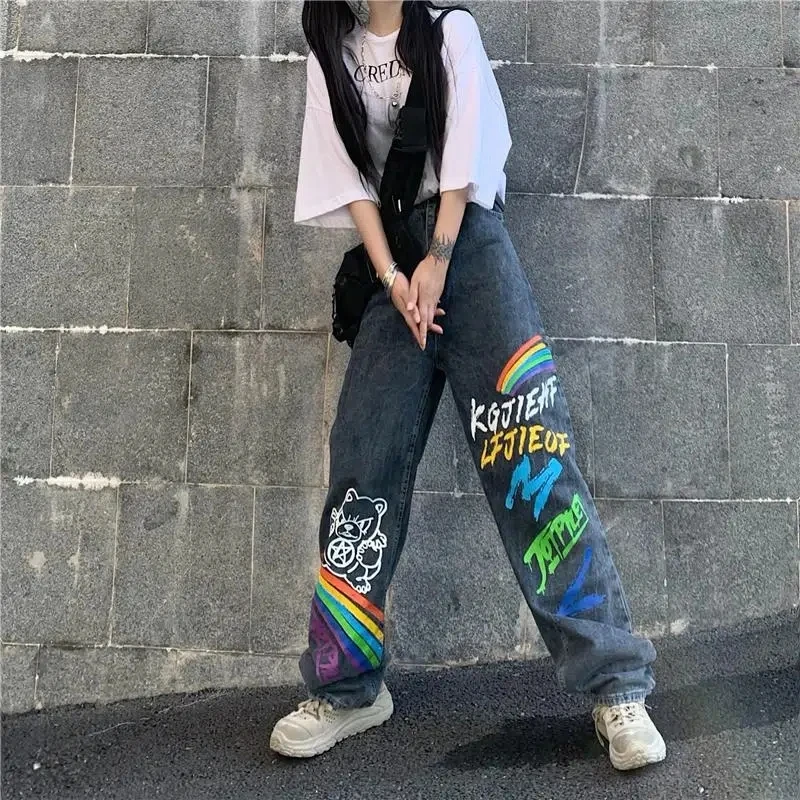 Boyfriend Jeans Women Men Loose Cartoon Graffiti Printing Straight Wide-leg Pants Korean Fashion Streetwear Draped Denim Trouse