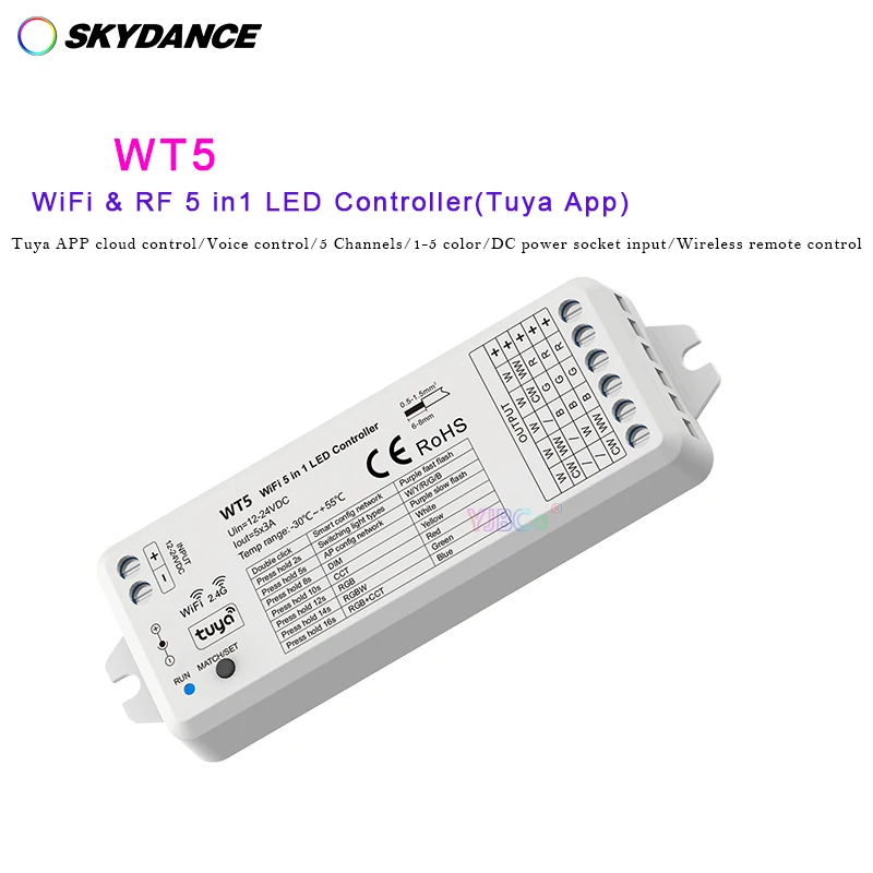 

DC 12V 24V WiFi/Bluetooth-compatible RGB,RGBW,RGB+CCT,CCT,Single color LED lights 5 in1 LED controller RF Remote,Tuya Control