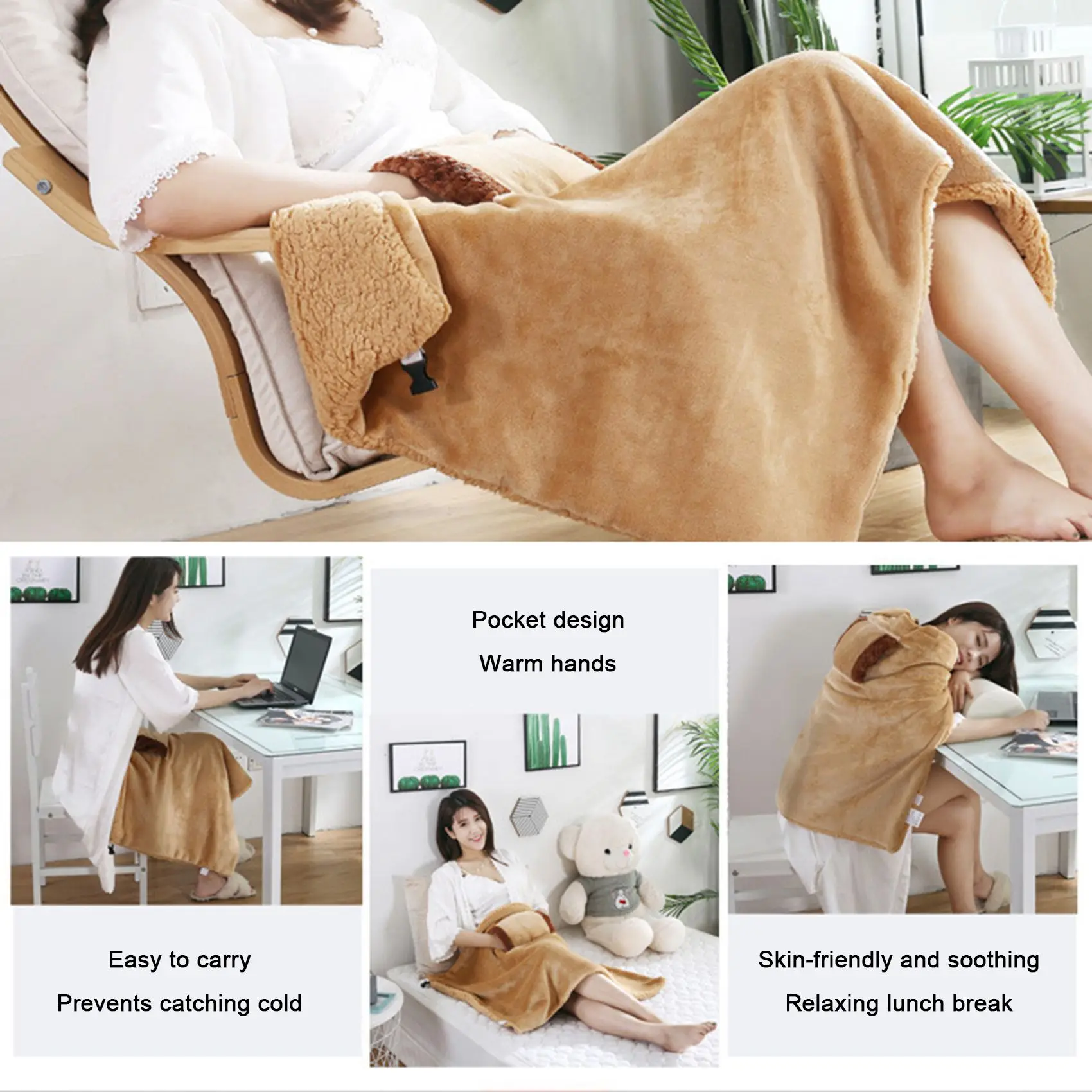 USB Electric Blanket Heater Bed Soft Thicker Warmer Machine Washable Thermostat Heating Mat (Camel Color)