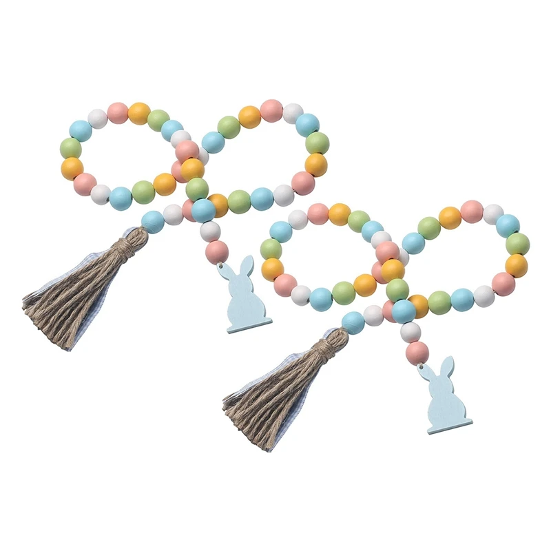 

2 Pieces Spring Wood Bead Garland With Tassels And Bunny Tag Rustic Prayer Boho Beads For Tiered Tray Easter Decorations