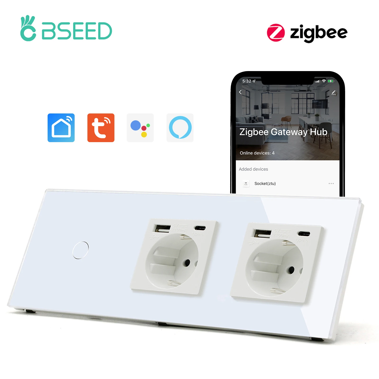 

BSEED 1/2/3Gang ZigBee Touch Switch Smart Wall Light Switches Smart Life APP Google Alexa No Neutral Glass with Normal EU Socket