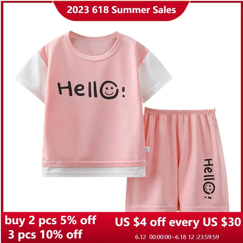 

Baby Boys Girls Summer Clothes Set Children's Patchwork Tshirt Top and Shorts Suit Letter 'hello' Print Tracksuits Loungewear