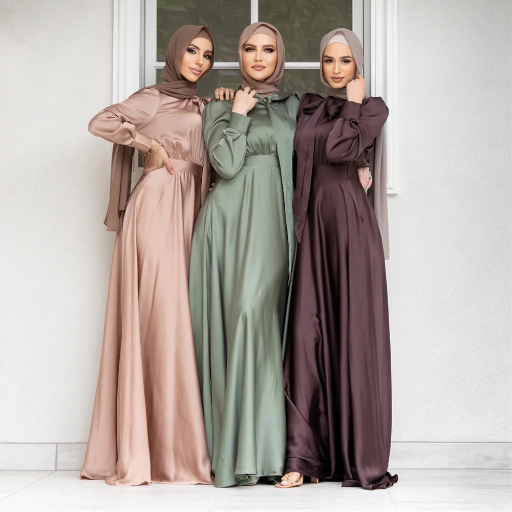 Muslim Fashion Satin Abaya Dress Elegant Caftan Luxury Kaftan for Islamic Women Dubai Turkish Style Djellaba Jalabiya