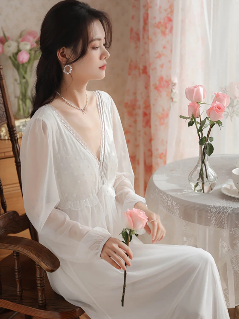 Women Vintage Night Dress V-Neck Mesh Fairy Long Sleeve Spring Nightgowns Victorian Princess Pajamas Home Sleepwear