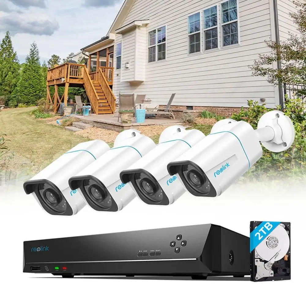 Reolink RLK8-810B4-A 4K 8MP PoE Camera 8Ch NVR System Security Kit with Person/Car Detection Built-in 2TB HDD 24/7 Monitoring