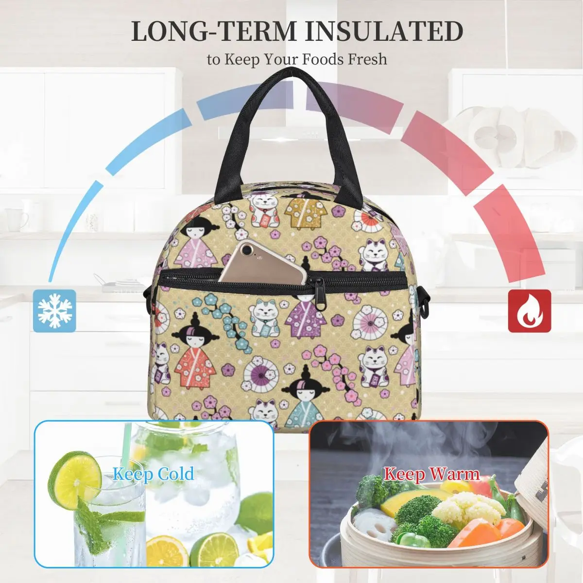 

Japanese Anime Lunch Bag with Handle Cute Dollsand Neko Cats Car Cooler Bag Carry Meal Reusable Thermal Bag