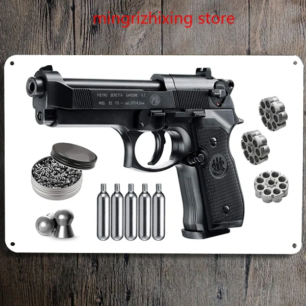Набор Beretta M92FS Blowback Air Gun с 5x12 баллонами CO2 и пачкой из 500 свинцовых пуль (черный + магазин + аксессуары) Металлический знак на стену.
