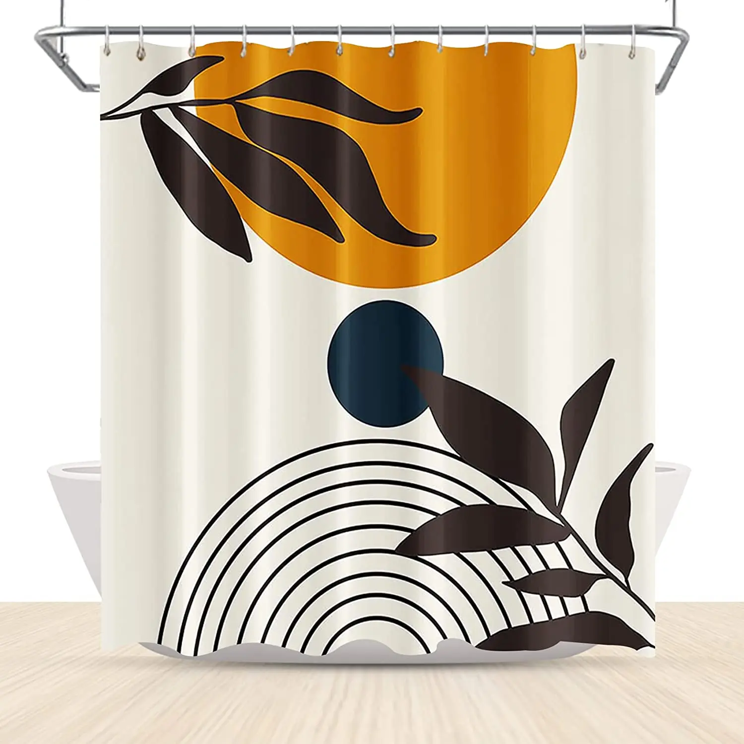 

Boho Mid Century Shower Curtain Abstractc Modern Minimalist Style Leaves Plants Sun Curve Aestheti Bath Curtain Decor 72x72 Inch