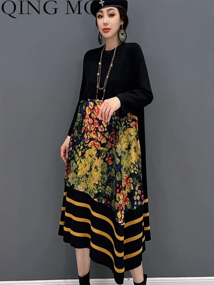 

Женское вязаное платье с принтом QING MO, свободное черное платье-пуловер средней длины с круглым вырезом, Осень-зима 2023, LHX1559A