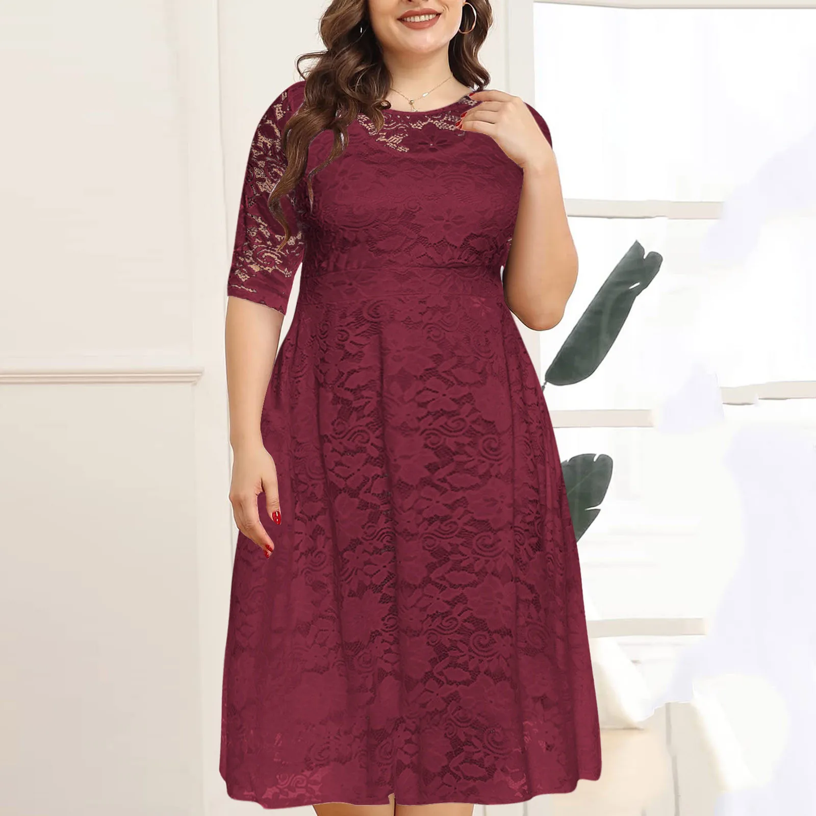 

Elegant Women Lace Dress Half Sleeve Floral Wine Black Plus Size Summer Party Midi Dresses Women's Outfits