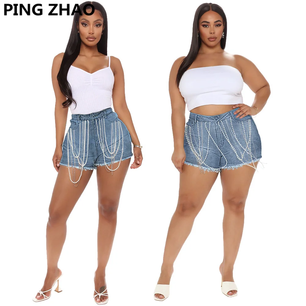 

PING ZHAO 2022 Summer Tassels Diamond Beads High All-match Thin Waist Denim Shorts Fashion Temperament Women