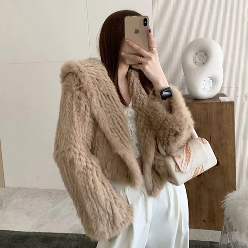 Winter Knitted Rabbit Fur Coats Women Real Fur Jackets Hood Full Sleeve Top Quality Lady Natural Coats S4638 enlarge