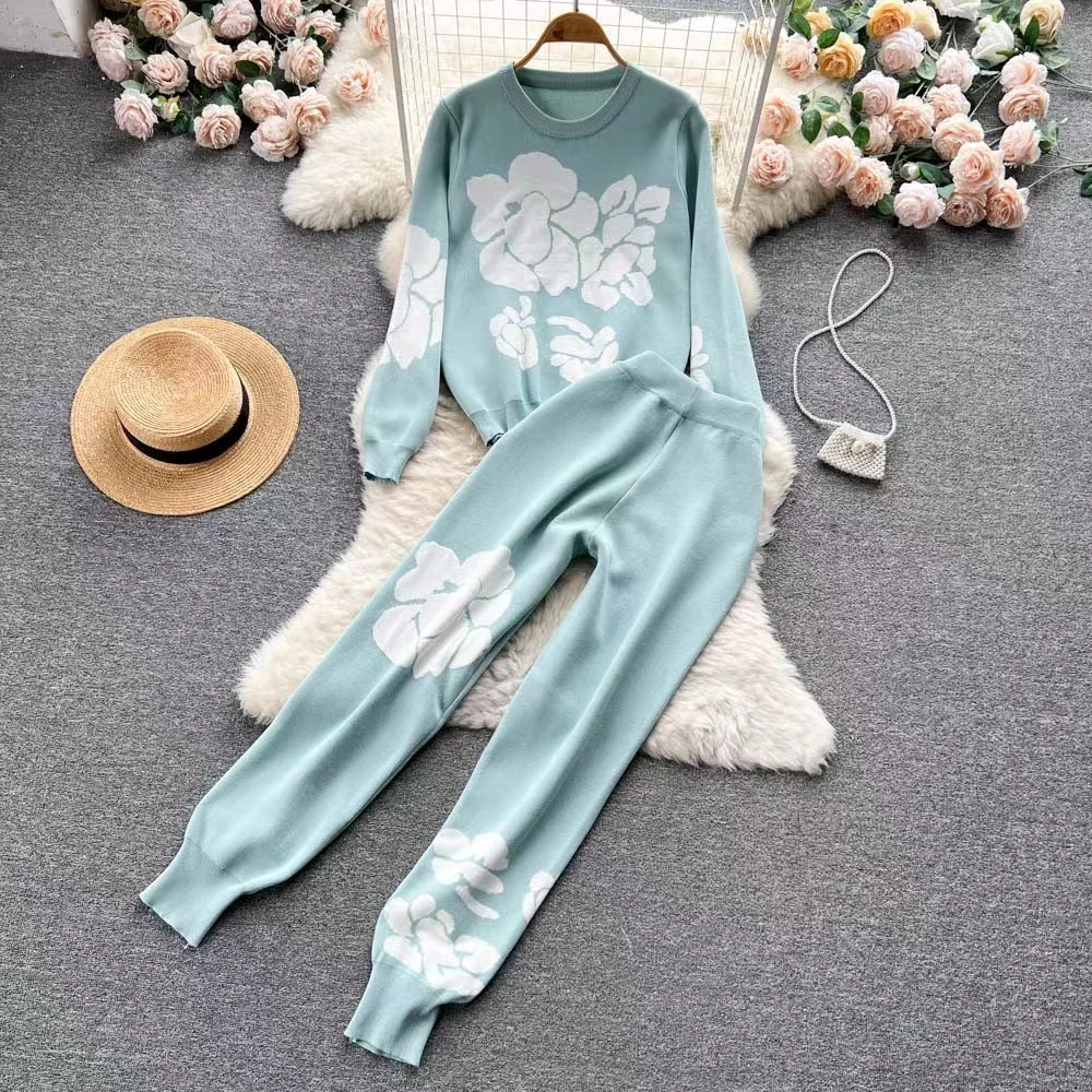 

New Spring Autumn Casual Pants Sets Women Floral Print Long Sleeve Pullover Sweater + Elastic Waist Pants Knitted Two Piece Set