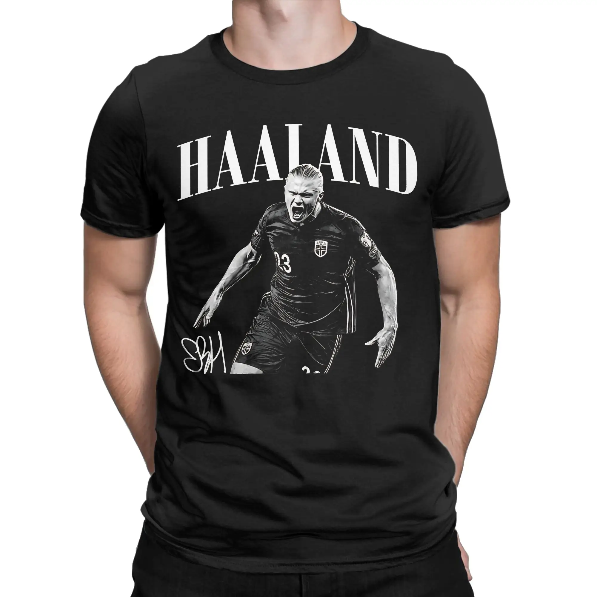 Фото Футболка в стиле хип-хоп Haaland Norway Football Signature, мужская одежда с круглым вырезом и короткими рукавами, хлопковые летние топы №1