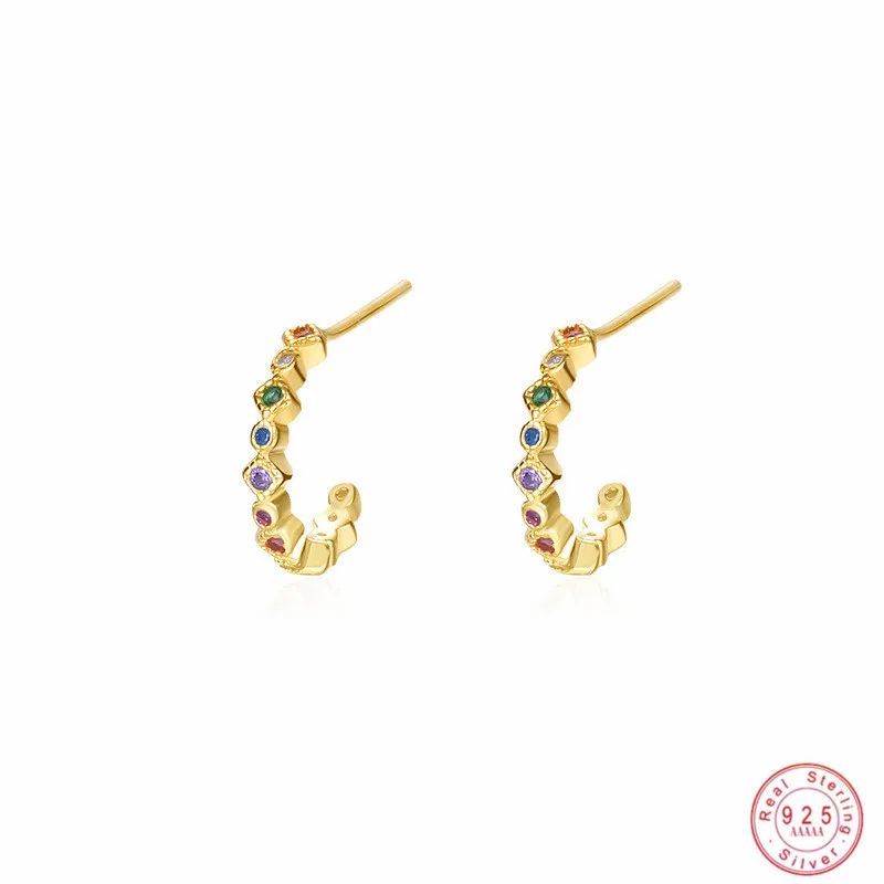 

925 Sterling Silver Vintage Colored Zircon Geometric C-Shaped Stud Earrings for Women Girl Fashion Simple Jewelry Accessories