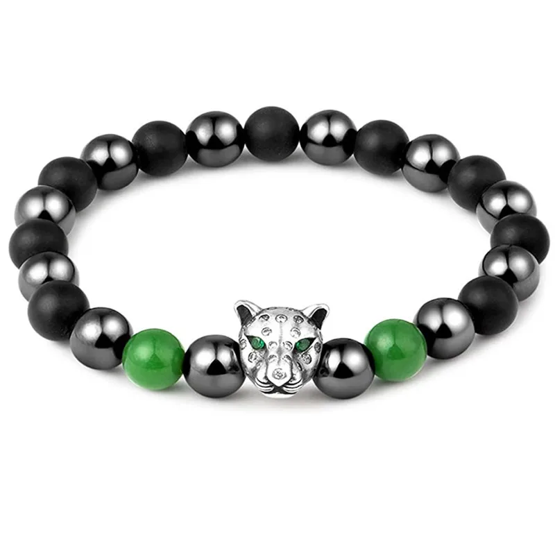 

Men Black Lava Healing Balance Beads Reiki Buddha Prayer Natural Green Stone Yoga Charm Bracelet for Women Leopard Head Jewelry