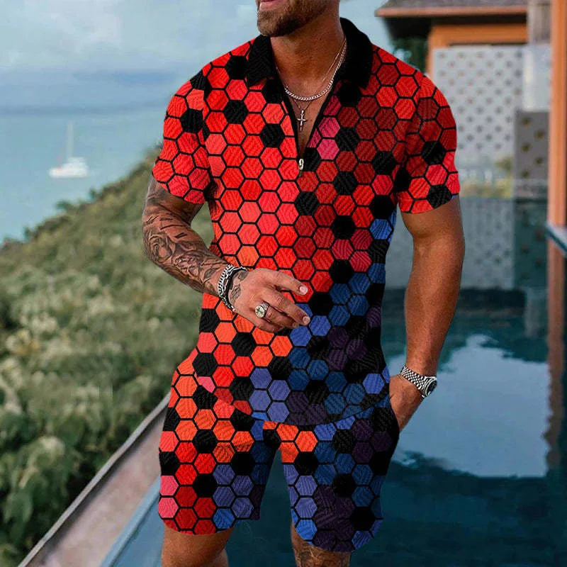 

Men's Tracksuit Casual Summer Short Sleeve Polo Shirt Shorts Suit Two-Piece Set Male Clothing Geometric 3D Print Clothes For Man