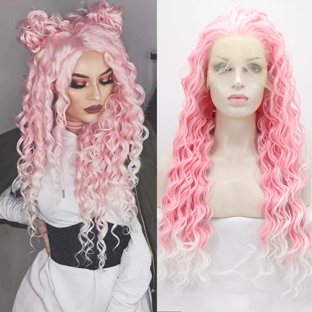 Pink Curly Ombre White Lace Front Wigs For Women Cosplay Costume Daily Wear Barbie Powder Wig