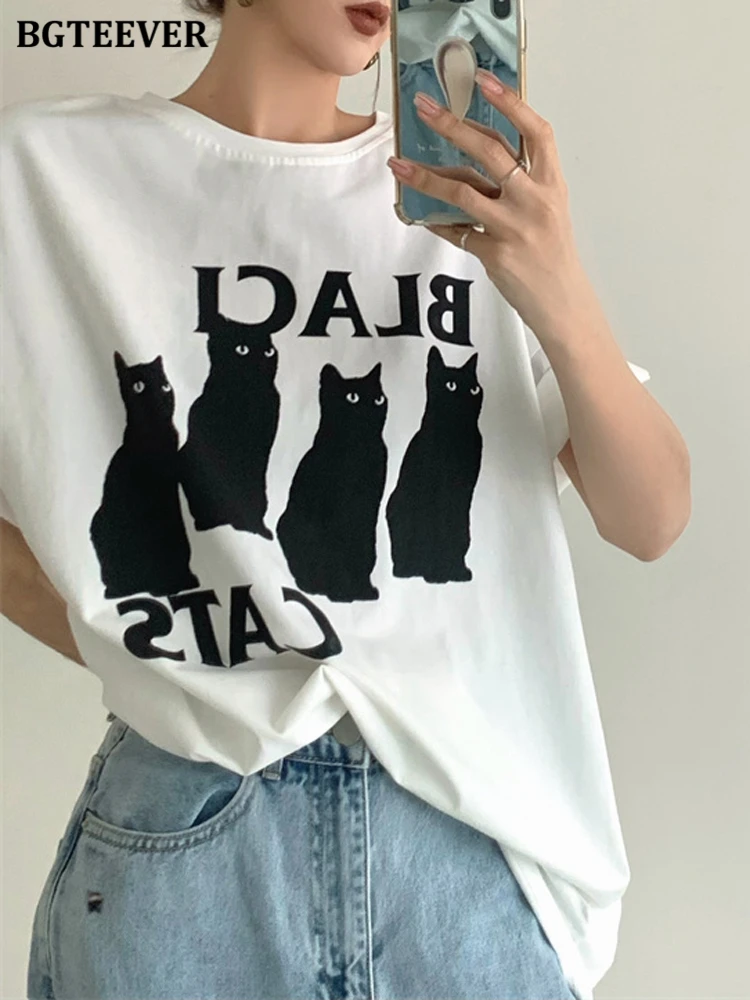 

Винтажные шикарные свободные женские футболки BGTEEVER с принтом, летние женские топы с круглым вырезом и коротким рукавом, повседневные женск...
