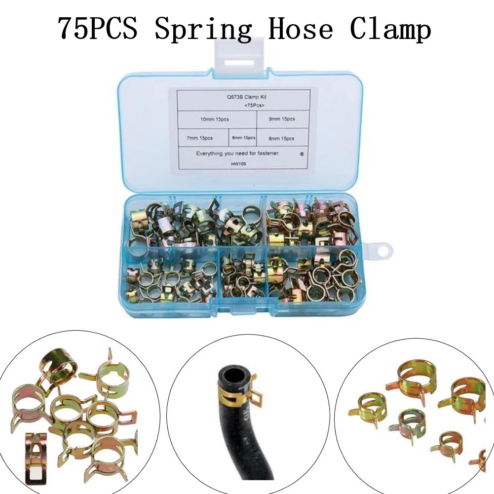 75PCS Motorcycle Spring Clips Fuel Oil Water Hose Pipe Tube Clamp Spare Set 6-10mm For Prevent Leakage Damage Fasteners Hardware