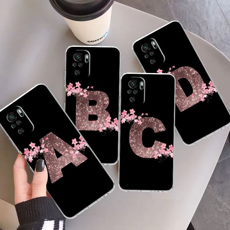

Clear Case For Xiaomi Redmi Note 10 11 Pro 9 9T 9A 9S 8 10C 9C 7 8T K40 tpu Soft Phone Cover Flower Letter Pink Fashion Initial