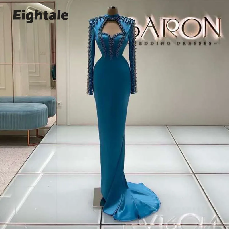 

Eightale Dubai Evening Dresses 2022 Beaded Pearls High Neck Long Sleeves Satin Mermaid Prom Gown Arabic Party Dress Custom Made