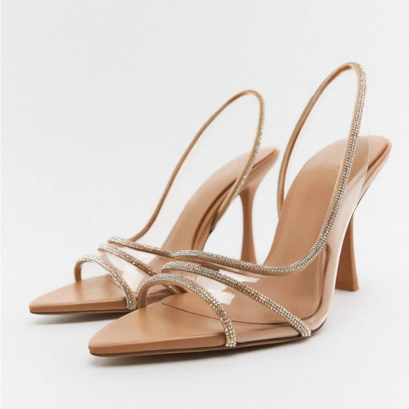 

Summer Natural Color Bright Inlay High Heeled Sandals Female Fine with Pointed High Heels Sexy Fashion Rhinestone Party Shoes