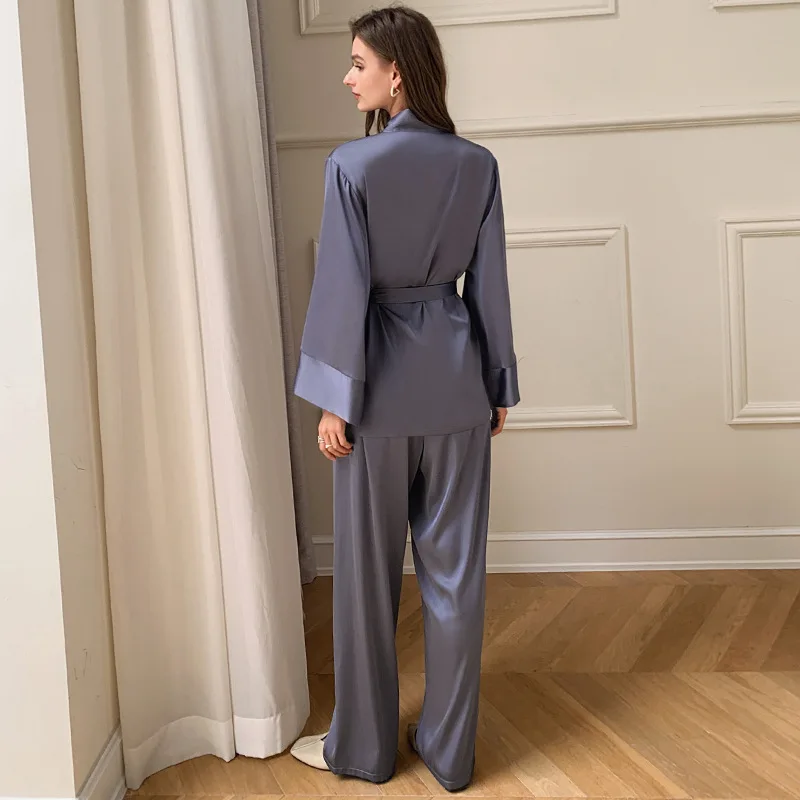 Women Robes with Sashes Set Wrist Sleep Tops Satin Pants Loose Pajamas Casual Sleepwear Female Home Suits