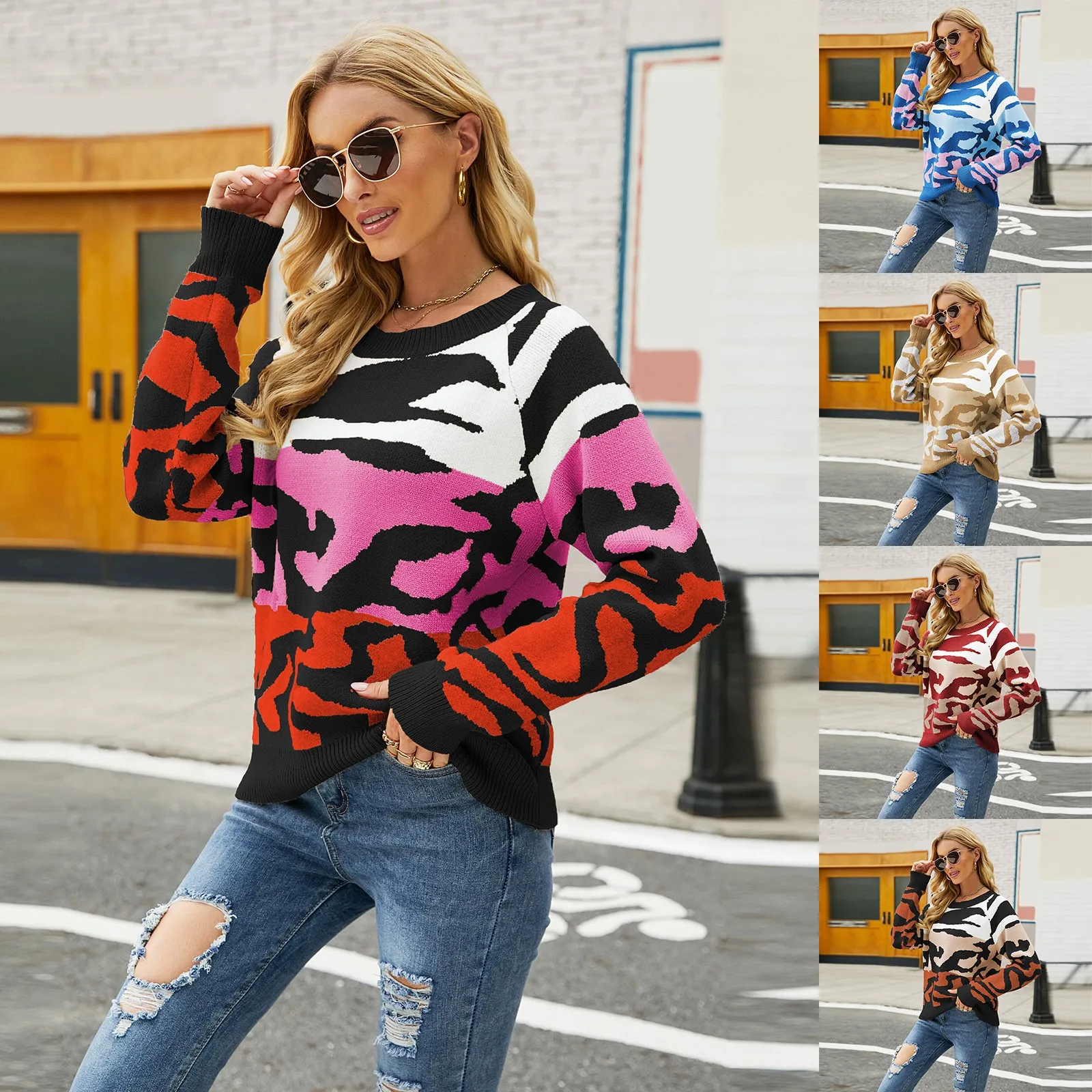 

Women Winter Round Neck Leopard Knit Pullover Colorblock Sweater Mens Pullover Fleece Quarter Zip