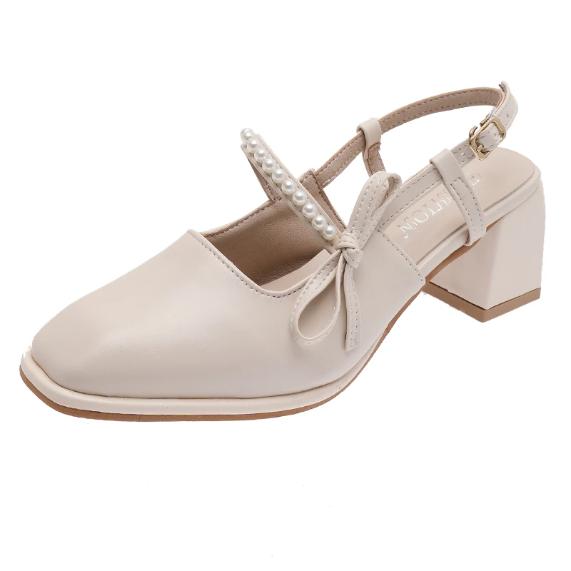 

New Womens Side Butterfly-Knot White Pearls Sandals Square Heel Ankle Strap Slingback Mary Jane Princess Party Shoes Spring 2022