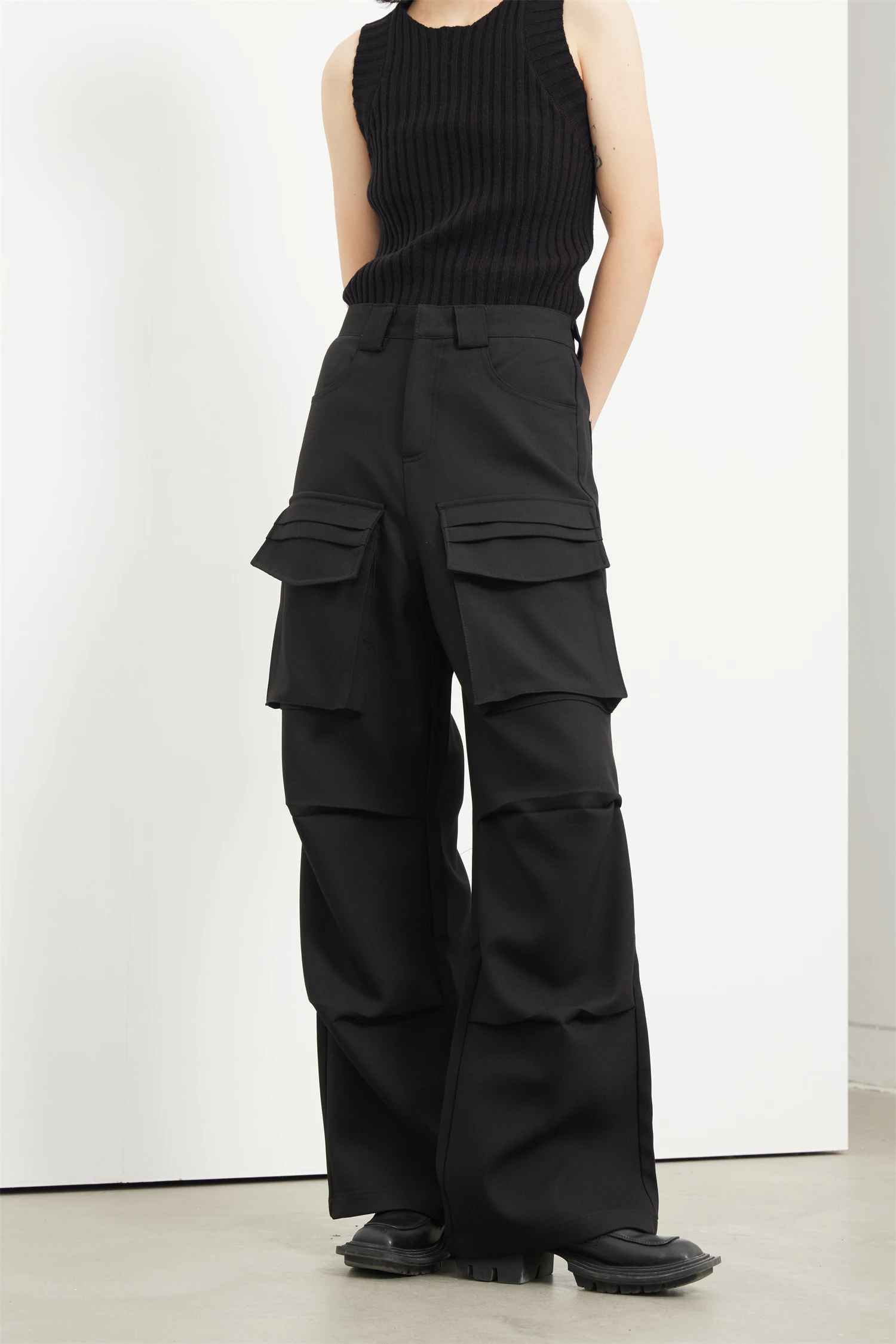 Dark street casual pumping pleated multi-pocket long leg straight large size overalls