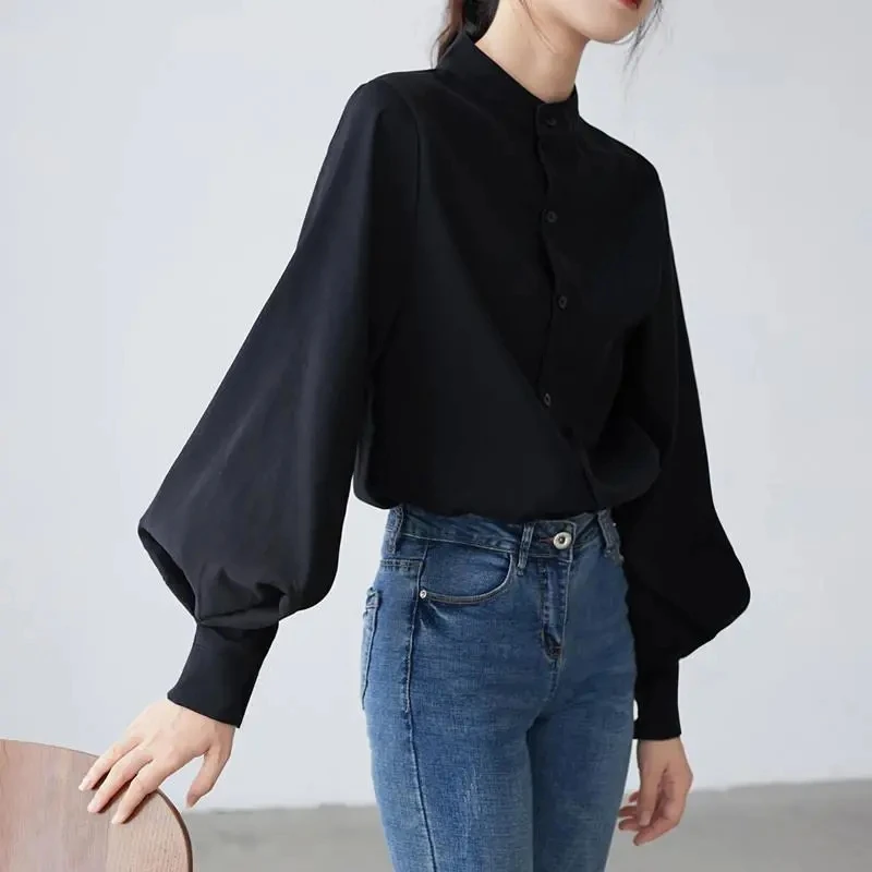 

Ladies White Turn-Down Collar Tops Spring Women Classic Single Breasted Blouse Woman Vintage Loose Lantern Sleeve Casual Shirts
