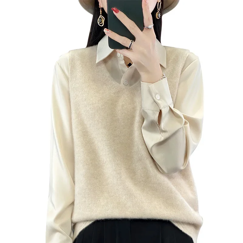 Модный свободный жилет из чистой шерсти верхняя вязаная одежда женский