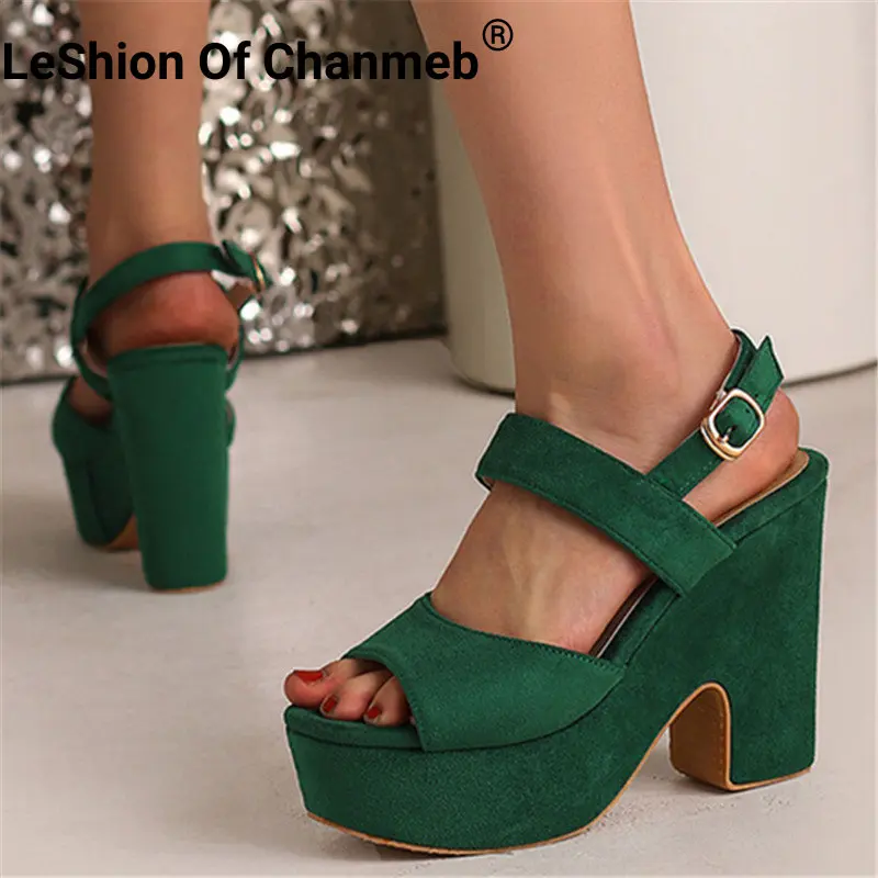 

LeShion Of Chanmeb Faux Suede Chunky Heels Goth Sandals Women Big Size 43 Thick Platforms Buckle Sandal Gothic Shoes Lady Summer