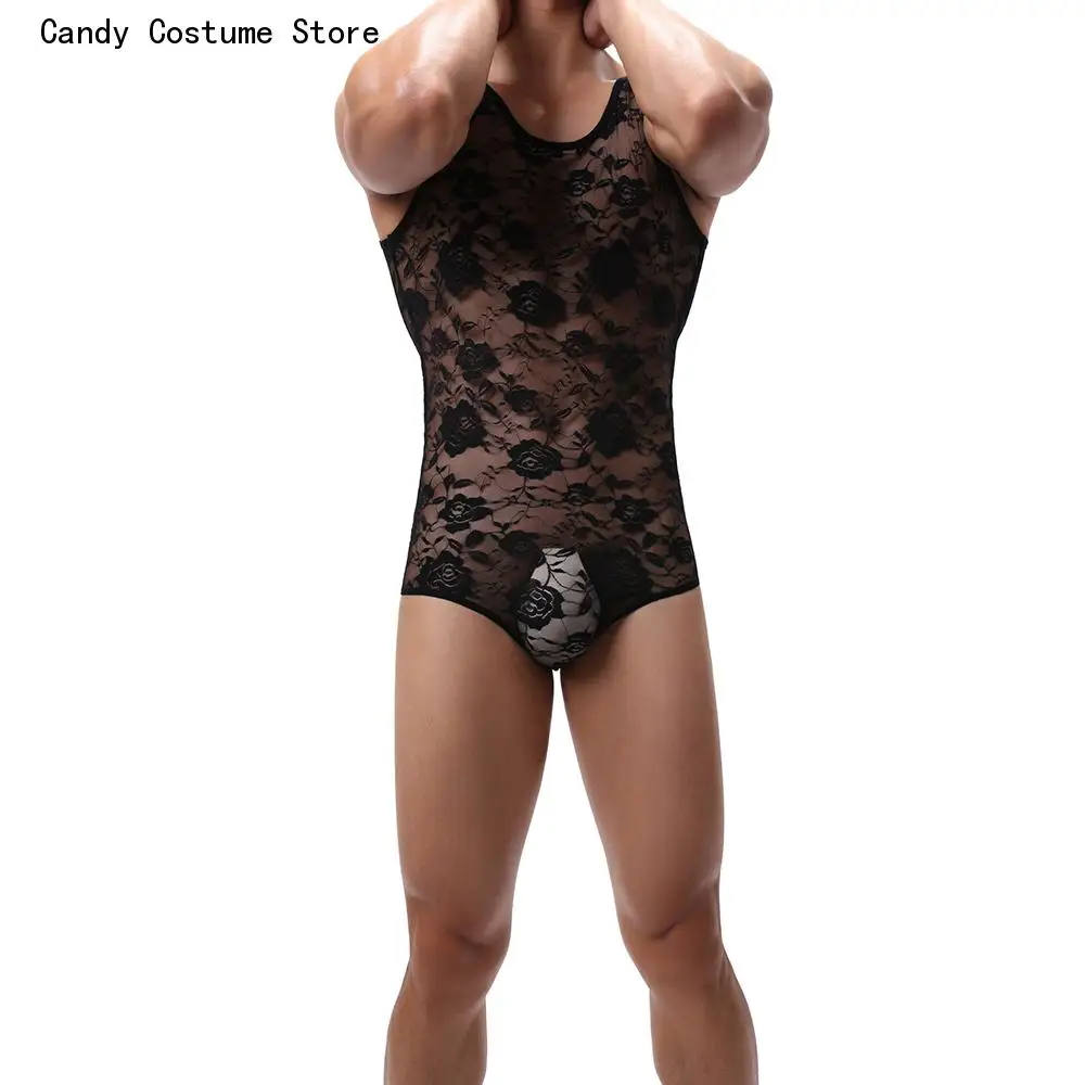 Mens Vest Shorts Jumpsuit Bodysuit Lace Sexy Onesies Male Sexy One-piece Tight Elasticity Slim Corset Body Shaper Seductive