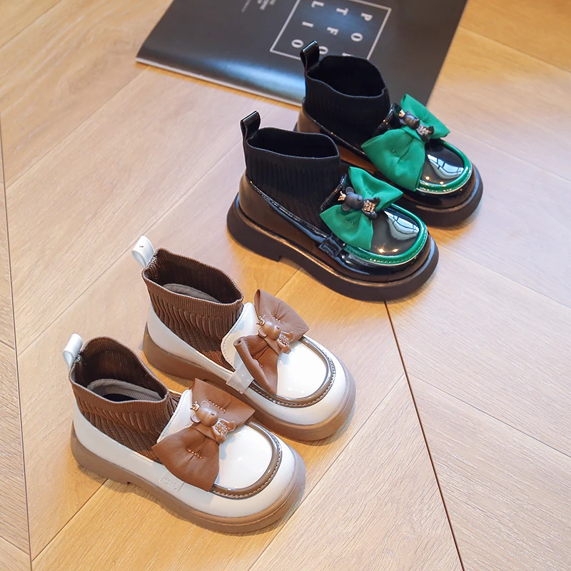 

Children's Ankle Boots Fashion Autumn Winter Baby Casual Kids Bowtie Shoes for Girl Toddler Patent Leather Sports Free Shipping