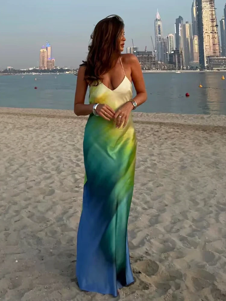 

Женский атласный сарафан с завязкой Chicheca, пикантное платье с открытой спиной, повседневное пляжное платье, длинное модное праздничное платье макси на молнии